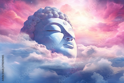 Buddha face in celestial heavens semi transparent eyes closed pink and blue sky background