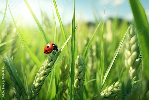Close up macro of ladybug on fresh green wheat ears in a spring or summer field with ample space for text