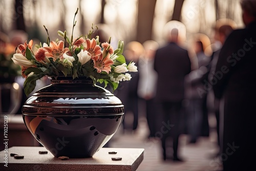 Decorative urn with ashes and flowers in funeral ceremony Mourning people bid farewell to deceased