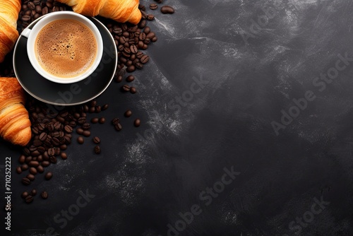 French breakfast with coffee croissant and space for text on a stone table seen from above