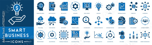 Smart Business Outline Icon Collection. Thin Line Set contains such Icons as Business Intelligence, Smart Technology, Data Analytics, Automation, Digital Strategy and Innovation icons