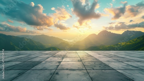 Empty square floor and green mountain with sky clouds at sunset. Panoramic view