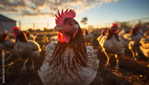 Chickens roam freely in the rural farm generated by AI