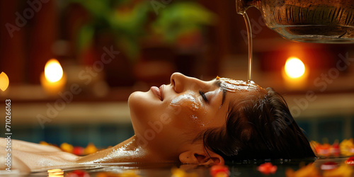 Young Indian woman lying on the table and getting ayurvedic massage with organic oil or honeyed in dark room. Care about yourself beauty treatment procedures concept. Body skin ayurveda hair care