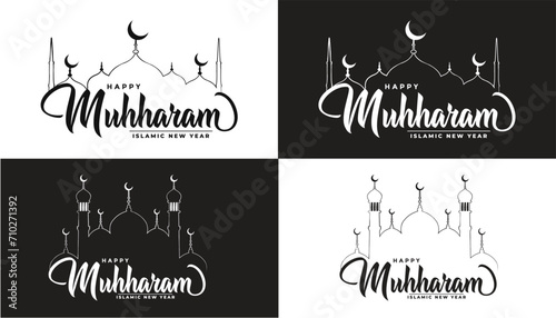 Islamic new year, happy muharram graphic design With mosque line art, Islamic New Year or Muharram Design.