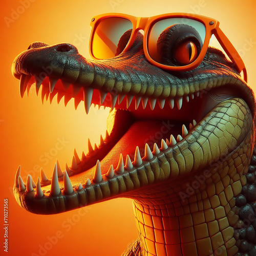 Grinning crocodile wearing orange sunglasses, orange hue