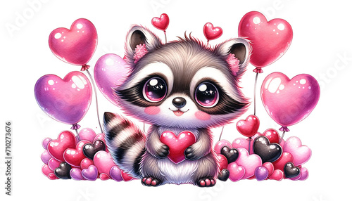 watercolor raccoon surrounded by pink and red balloons isolated on transparent background, valentine clipart animals