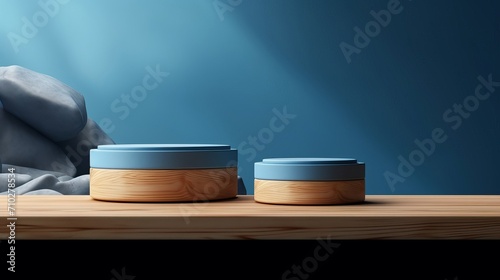 The Indigo background with a wooden podium. On top of the wooden podium, two small podiums add a minimal touch to the product display