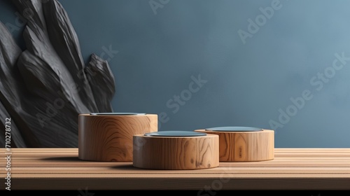 The Charcoal Gray background with a wooden podium. On top of the wooden podium, three small podiums add a minimal touch to the product display