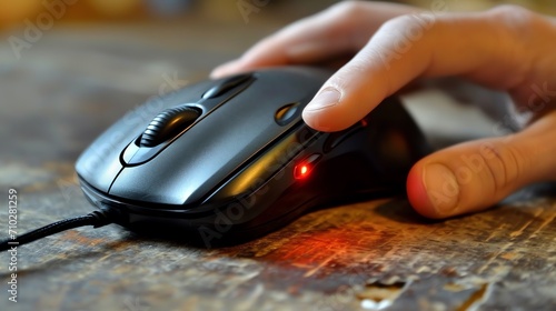 Hand Operating a Black Wired Gaming Mouse