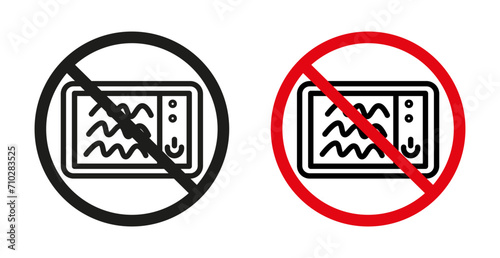 Do not microwave icon set. Ban heat food in oven vector symbol in a black filled and outlined style. Not safe heating food sign.