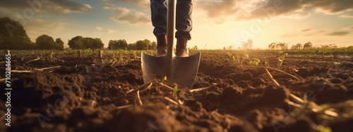 Agriculture, farmer agronomist walks through corn field at sunset. man works shovel in field.farming concept. eco.farmer farmland.