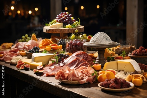 Table top with various cheeses, hams, pastries and fruits, cold cuts buffet, cafeteria table setting, Christmas table, organic food