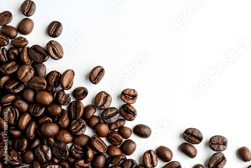 Rich roasted coffee beans on white background isolated. Close up view of brown caffeine goodness perfectly capture aroma and flavor in studio setting ideal for enthusiasts and food photography