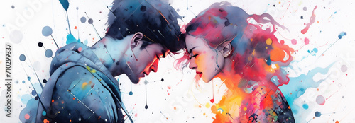 Vibrant Rainbow Colored Watercolor Painting, Young Couple in an Anime Style, Chaotic Paint Splatter, Generative AI