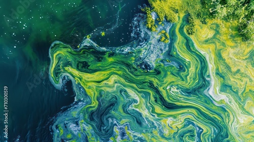 Aerial view of a massive bloom of algae in a lake, fluid, organic pattern with vibrant greens and blues