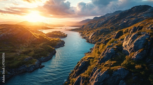 Dramatic fjord vistas, drone's altitude, sun setting, serene coastal beauty, high-definition sunset tableau in Norwegian fjords --ar 16:9 --stylize 350 --v 6 Job ID: 93370377-e008-4cac-8531-844f985e07
