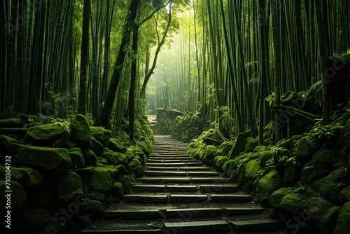 A tranquil pathway carves its way through a lush bamboo forest, offering an inviting and peaceful journey, A tranquil bamboo forest in Bali, AI Generated