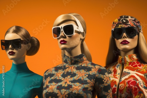 Three mannequins are shown wearing sunglasses and head coverings in this image, A trip through history showcasing different styles of swimsuits, AI Generated