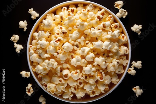 A bowl filled with popcorn sitting on top of a table, ready for a delicious snack during a movie night or moment of relaxation, A tub of fresh popcorn seen from a bird's eye view, AI Generated