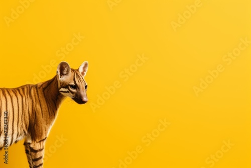 A zebra is seen standing in front of a yellow wall, showcasing an amazing contrasting background and minimalistic composition.