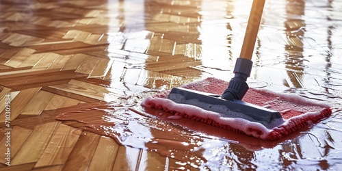 Floor cleaning with mob and cleanser foam. Cleaning tools on parquet floor with copy space.