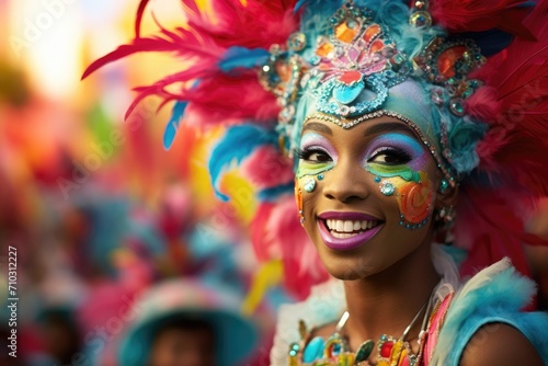 A vibrant image of a woman wearing a colorful mask and feathers, captured during a lively carnival celebration, A vibrant carnival scene with festive, colorful clothing, AI Generated