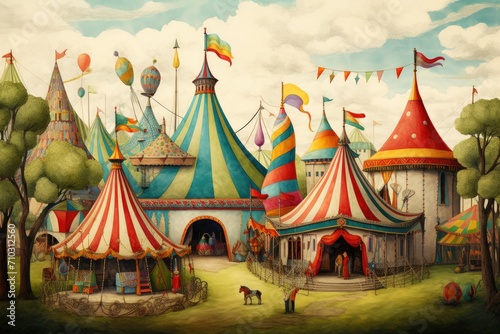 A Painting of a Circus Tent Under a Colorful Big Top in a Vibrant Circus Scene, A vintage circus populated with colorful tents and magical creatures, AI Generated