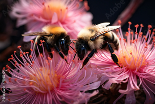 Two orange bee's sit on some pink flowers, in the style of magenta and black, rtx on, sigma 85mm f/1.4 dg hsm art, symbolic, australian landscape, commission for, sharp/prickly