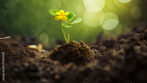 A large yellow flower growing out of dirt and green background, in the style of conceptual, lush landscape backgrounds