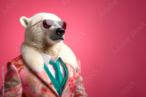 Creative animal concept. Polar Bear in glam fashionable couture high end outfits isolated on bright background advertisement, copy space. birthday party invite invitation banner 