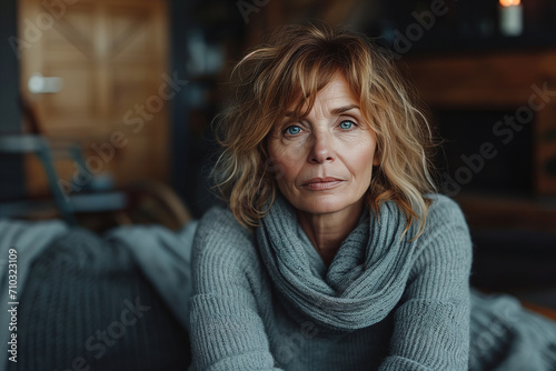 Lonely middle-aged woman sitting alone on the sofa in living room and looking at camera. Loneliness of senior people, melancholy, depression