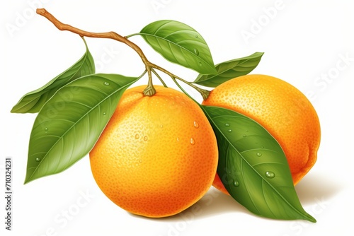 Two oranges on a branch with leaves are seen in an ultra realistic and photorealistic illustration.