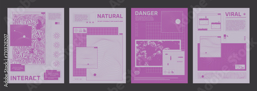 Y2k design template for poster or banner with grid and bitmap pixel abstract shapes and surfaces. Vector illustration set of cover layout in pink pastel color with wireframe forms and text box.