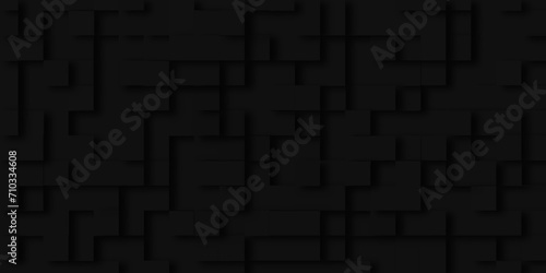 Embossed geometric square black pattern with geometric randomized shapes, Black square abstract background with pattern, Random scaled black cube boxes block background of black surface for cover.