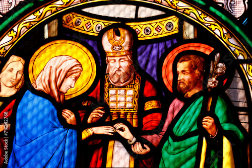 Saint Leonard church. Stained glass. The Marriage of the Virgin Mary and Saint Joseph. Arbois. France.