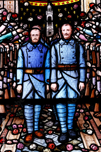 Saint Augustin church. Stained glass. Soldiers of the First World War. Deauville. France.