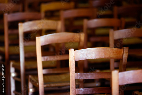 Saint Augustin church. Empty chairs. Deauville. France.