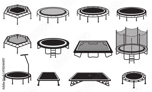 Trampoline jumping entertainment for indoor outdoor leisure activity black icon set isometric vector