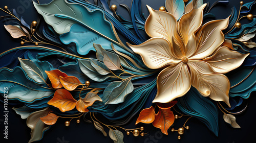 beautiful luxury blue and gold leaves on dark background