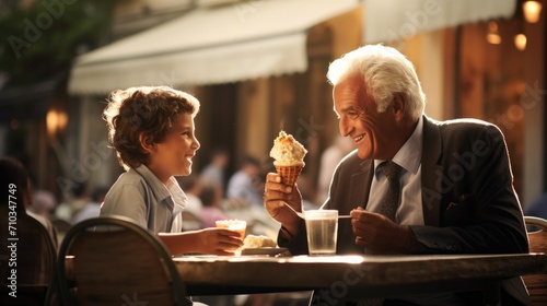 An older man and a young boy eating ice cream. Generative AI.