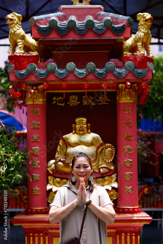 Emperor Jade Pagoda (Chua Ngoc Hoang or Phuoc Hai Tu). Taoist temple. Happy smiling Buddha. Maitreya Buddha. Ho Chi Minh city. Vietnam.