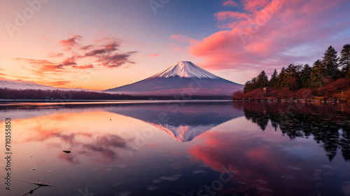 湖越しに見える日本の富士山の夜明けで空がピンクに染まっていえる写真、水面に映る富士山