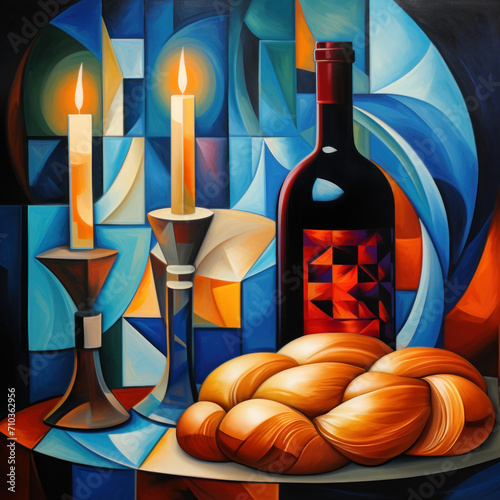 Shabbat evening, two candles, bottle of wine, Traditional Jewish religious Shabbat shalom ritual