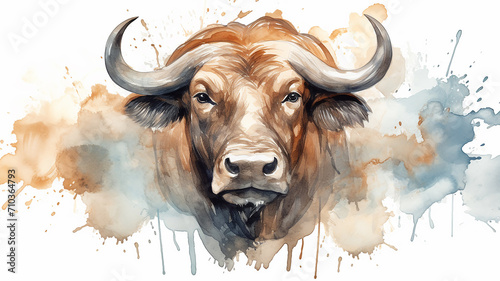 bull, watercolor portrait of a buffalo, spots of liquid paint isolated on a white background