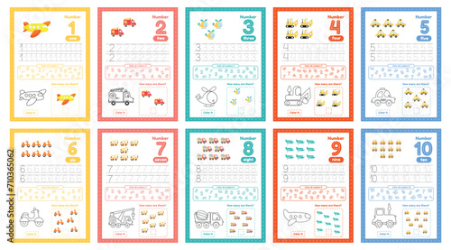 Set of flashcards with numbers for preschool kids from 1 to 10. Worksheets with many exersices