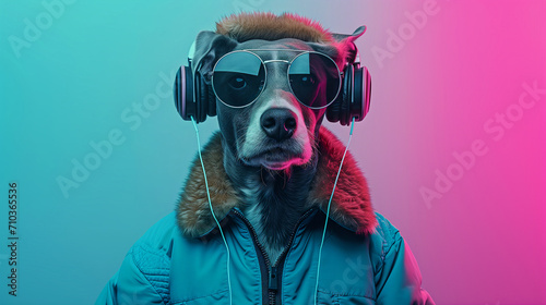 dog standing upright like a human wearing a jacket sunglasses headphones, vibrant fashion attitude