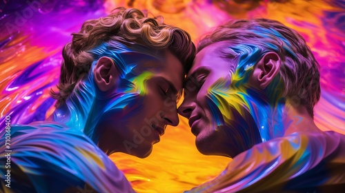 Loving gay couple hugging embraces passionately enveloped in flowing vibrant multicolored fabric represents their individuality, example of LGBT love is vivid expression of passion and sensuality