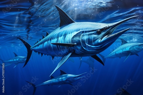 Majestic blue marlin swimming in the deep ocean waters, showcasing its sleek body and long bill.