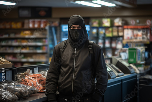 Thief robbing supermarket bokeh style background